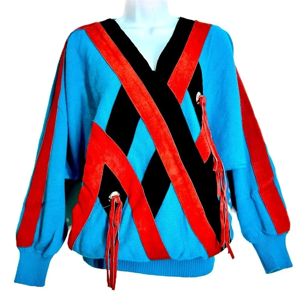 Vintage Suede Trim Colorful Western Women's Sweater S/M Tassels